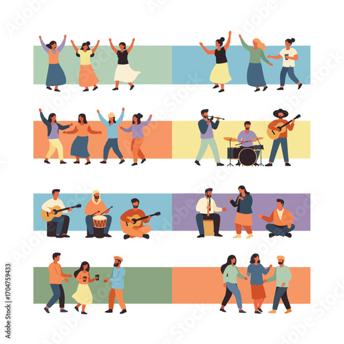 A collection of diverse cartoon people celebrating together dancing and playing musical instruments.