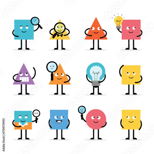 A collection of cute colorful anthropomorphic geometric shape characters with various expressions.