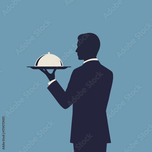 Vector Illustration of Waiter with Tray in Modern Minimalist Style Featuring Silhouette of Man Holding Food Platter in Elegant Blue Monochrome Palette