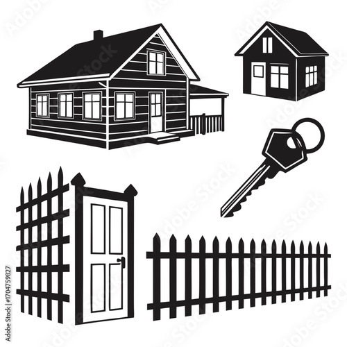 Collection of black silhouette icons representing houses a fence with a gate and a key symbolizing homeownership and real estate transactions