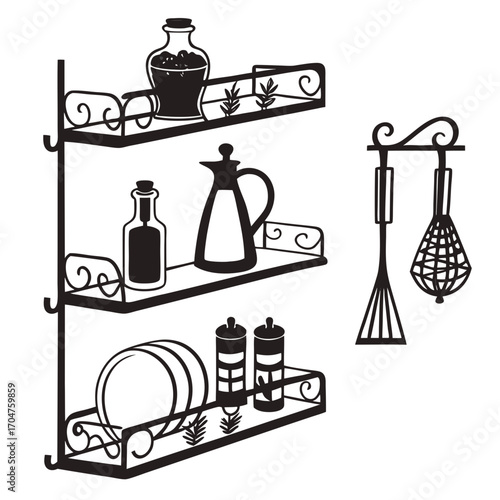 Decorative black silhouette of a three tiered kitchen shelf with various utensils and containers including bottles a jug and spice jars plus a hanging whisk and spatula