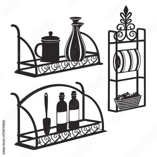 Decorative black metal wall shelves with ornate scrollwork holding kitchen items and a toilet paper holder with a basket