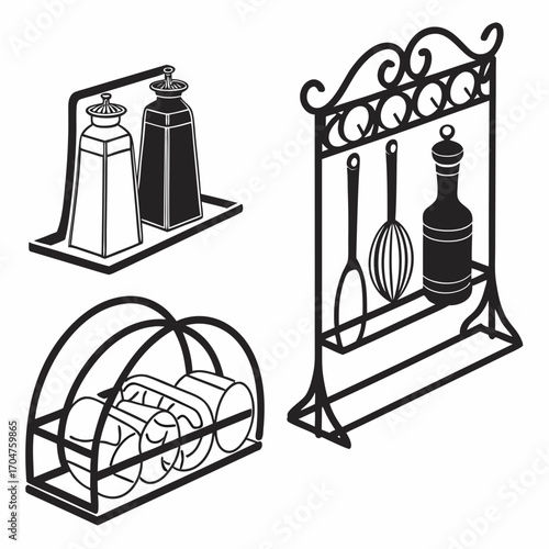 Collection of decorative black and white kitchen storage racks holding various culinary items and containers