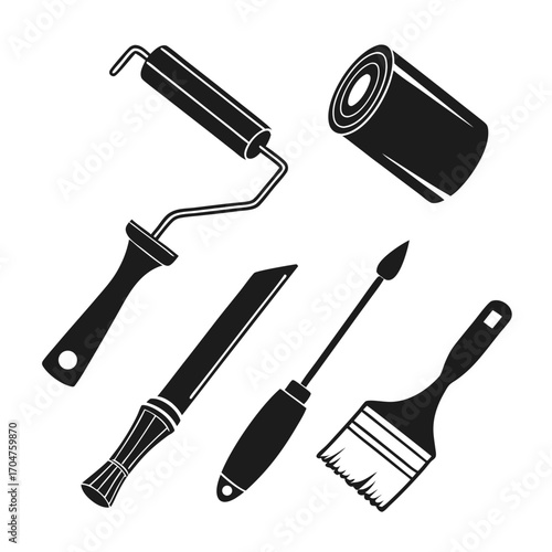 Collection of black silhouette painting and crafting tools including a paint roller brush and chisel on a white background