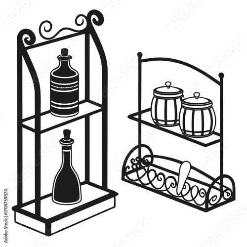 Decorative black metal shelving units holding vintage bottles and jars perfect for kitchen or bathroom storage