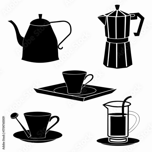 Collection of black silhouette icons representing coffee and tea brewing and serving vessels including kettles cups and a moka pot