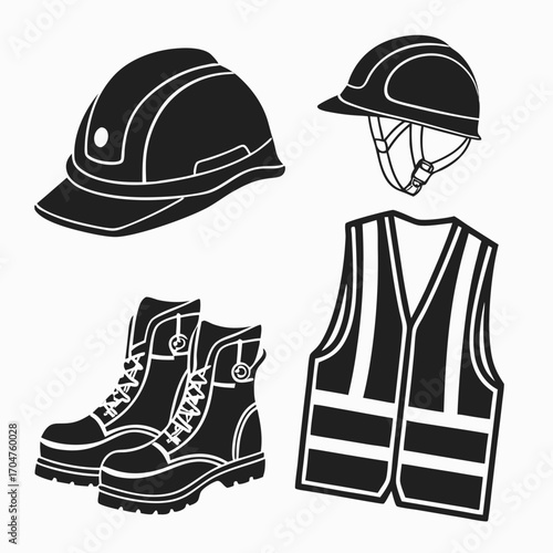 Set of black silhouette icons representing essential safety workwear including two hard hats a high visibility vest and sturdy work boots