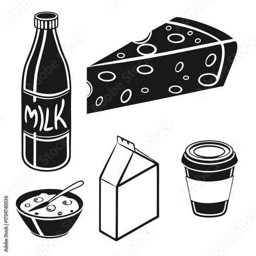 A collection of dairy products and breakfast items including a milk bottle cheese wedge cereal bowl milk carton and coffee cup