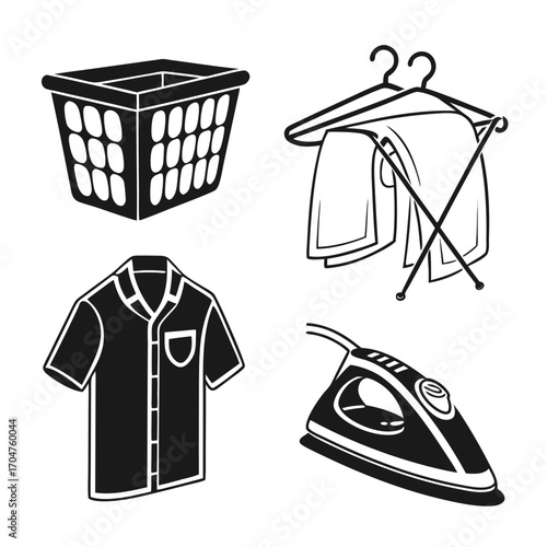 Collection of laundry and ironing related icons including a basket clothes on a hanger a shirt and an iron