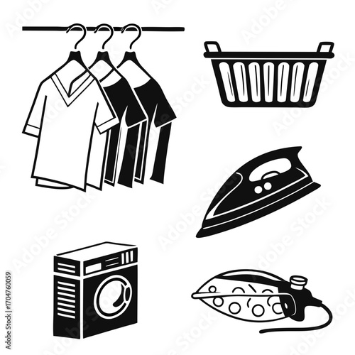 Collection of laundry symbols including a washing machine clothes on hangers laundry basket and two irons