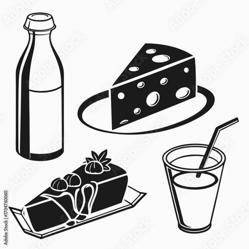 A delightful assortment of food items including a bottle of milk a wedge of swiss cheese a slice of cake and a refreshing drink