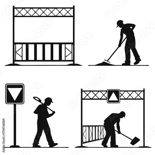 Construction worker silhouettes performing various tasks including raking dirt and carrying tools near road barriers and signage