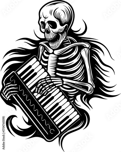 SVG of a skeleton musician showcasing a street lifestyle with Halloween vibes. Skeleton Playing Melodica in Vintage Style Black and White Artwork