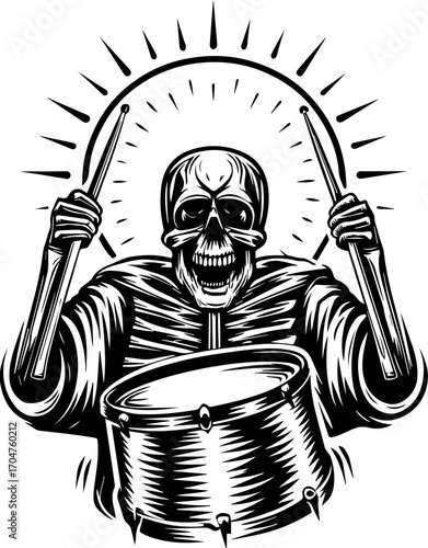SVG of a skeleton musician showcasing a street lifestyle with Halloween vibes. Skeleton Playing Drum in Vintage Black and White Style Artwork