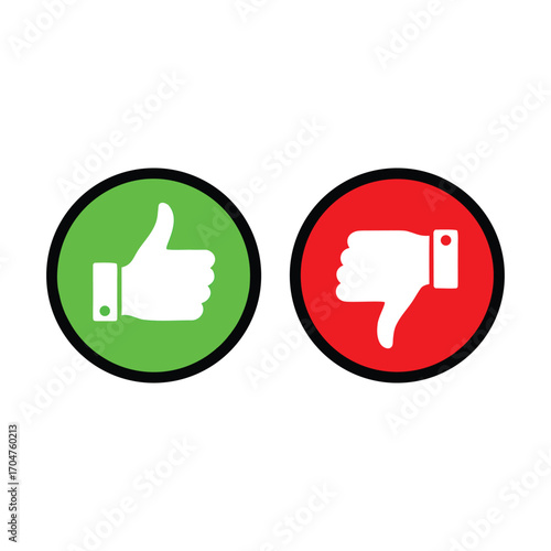 like and unlike buttons , thumb up and down, Illustration of thumbs up in green circle and thumbs down in red circle on transparent background