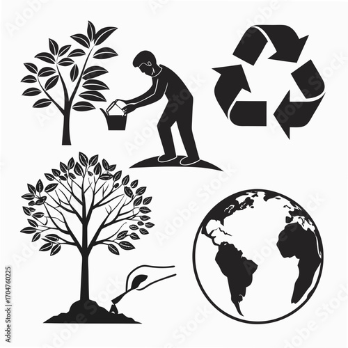 Symbolic illustration of environmental conservation and sustainability with trees watering planting recycling and planet earth