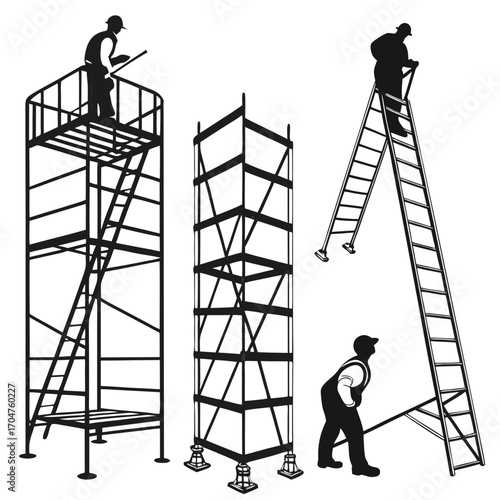 Construction workers in silhouette using scaffolding and ladders for elevated work at a building site