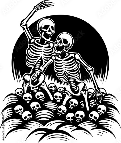 SVG of a skeleton musician showcasing a street lifestyle with Halloween vibes. Playful Skeletons Dancing Among Skull Pile in Monochrome Design