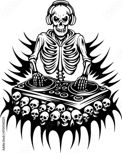 SVG of a skeleton musician showcasing a street lifestyle with Halloween vibes. Skeleton DJ with Headphones and Skull Motif for Halloween Theme
