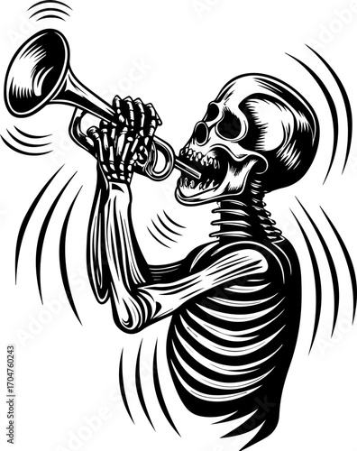 SVG of a skeleton musician showcasing a street lifestyle with Halloween vibes. Skeleton Playing Trumpet in Vibrant Artistic Style for Halloween Fun