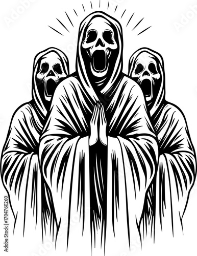 SVG of a skeleton musician showcasing a street lifestyle with Halloween vibes. Grieving Figures in Hooded Cloaks with Skull Faces and Outstretched Hands