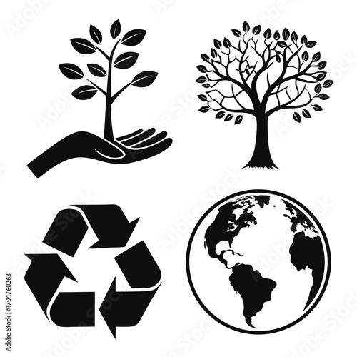 Collection of four black silhouette icons representing environmental protection and sustainability concepts including a hand holding a sapling a tree a recycling symbol and the earth
