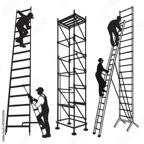 Silhouettes of construction workers climbing ladders and scaffolding representing teamwork and building progress