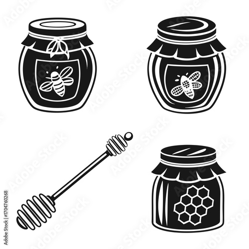 Collection of black and white icons featuring jars of honey with bee and honeycomb designs and a honey dipper