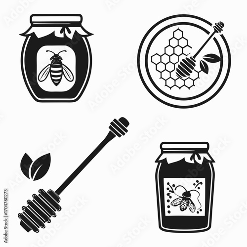 Collection of stylized black and white icons representing honey jars bees honeycomb and honey dippers on a white background