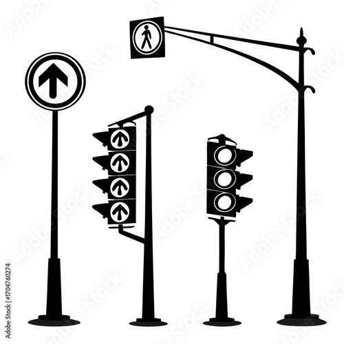 Collection of black silhouette traffic lights and street signs including pedestrian crossing and directional arrows on white background