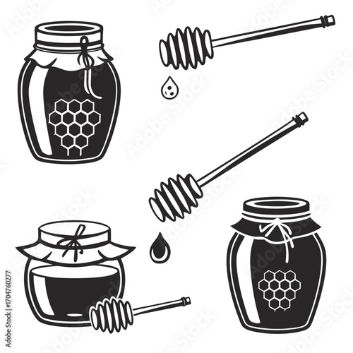 Collection of stylized black and white illustrations of honey jars and dippers with dripping honey drops