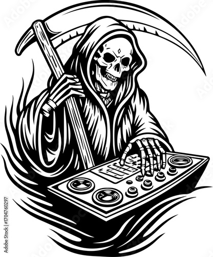 SVG of a skeleton musician showcasing a street lifestyle with Halloween vibes. Grim Reaper with a Control Panel in a Dark Artistic Style