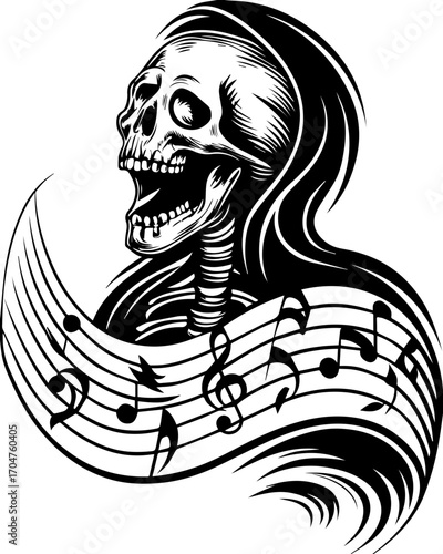 SVG of a skeleton musician showcasing a street lifestyle with Halloween vibes. Skull with Musical Notes and Flowing Hair in Black and White Style