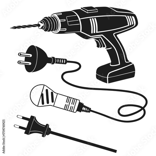 Black silhouette of a cordless drill with a drill bit and two electrical plugs with cords on a white background
