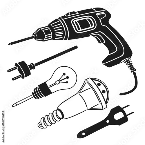 Collection of black and white hand drawn illustrations featuring a cordless drill light bulbs and electrical plugs on a white background