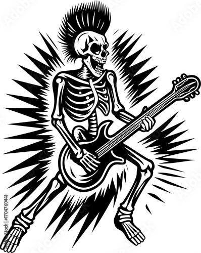 SVG of a skeleton musician showcasing a street lifestyle with Halloween vibes. Rocking Skeleton with Electric Guitar in Energetic Pose