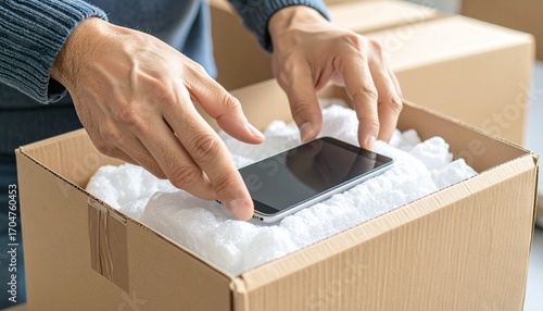 Hands Placing a Smartphone in a Protective Packing Box, Preparing a Mobile Device for Shipping