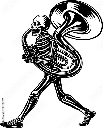 SVG of a skeleton musician showcasing a street lifestyle with Halloween vibes. Skeleton Playing Tuba in Energetic Walking Pose Illustration