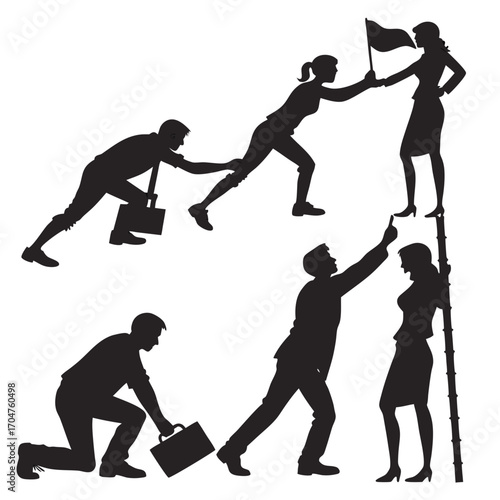 Business team silhouettes collaborating and supporting each other to achieve success and reach goals