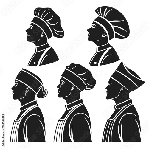 Collection of diverse chef silhouettes in profile view wearing traditional hats and aprons representing culinary professionals