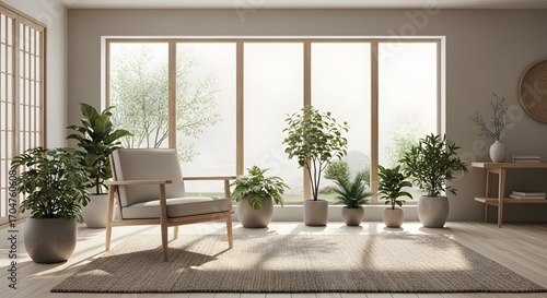 Minimalist interior with armchair plants large windows and natural light