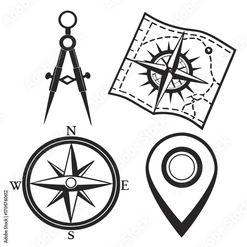 Collection of navigation tools including a compass map drafting compass and location pin