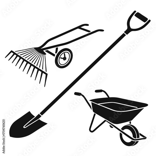 Black silhouette of gardening tools including a shovel rake and wheelbarrow on a white background