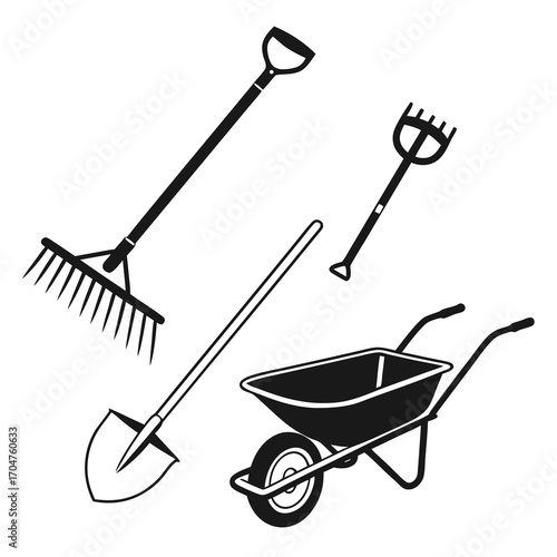 Collection of black silhouette gardening tools including a rake shovel wheelbarrow and hand rake on a white background