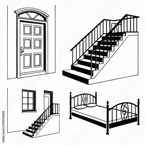 Collection of architectural elements and furniture including a front door stairs window and a bed in a simple line art style
