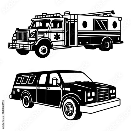 Stylized black and white illustration of a fire truck and a utility vehicle side by side