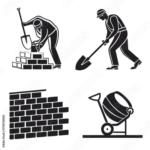 Construction workers building a brick wall with a shovel and cement mixer in a stylized graphic illustration