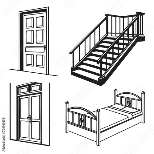Collection of black and white line art illustrations featuring a classic paneled door double doors with transom windows a wooden staircase with railing and a metal bed frame with bedding