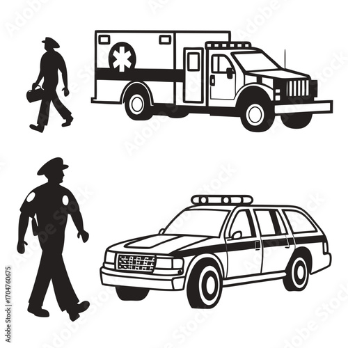 Silhouette of a paramedic walking with a medical bag next to an ambulance and a police officer walking next to a patrol car