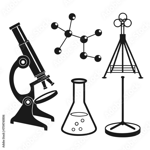 Collection of black science icons including a microscope molecular structure laboratory flask and a stand for experiments on a white background